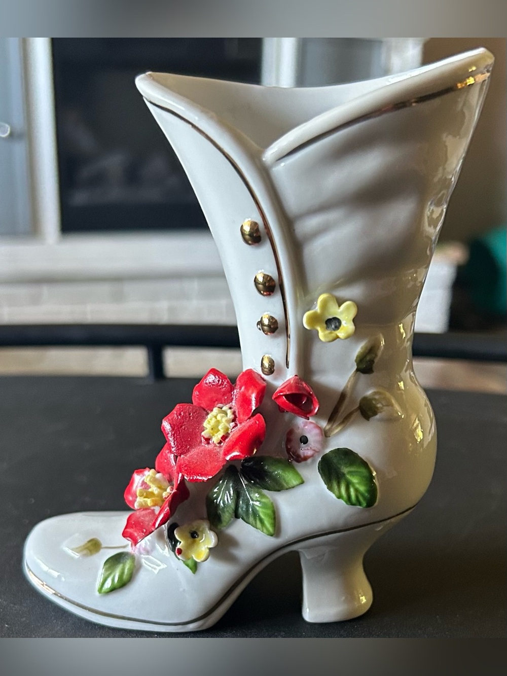 Vintage White Ceramic Boot Vase with Red Floral Accent